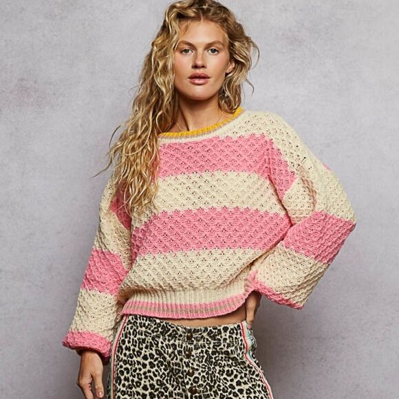 POL Pink and Cream Striped Textured  Sweater sz Large - Picture 1 of 6